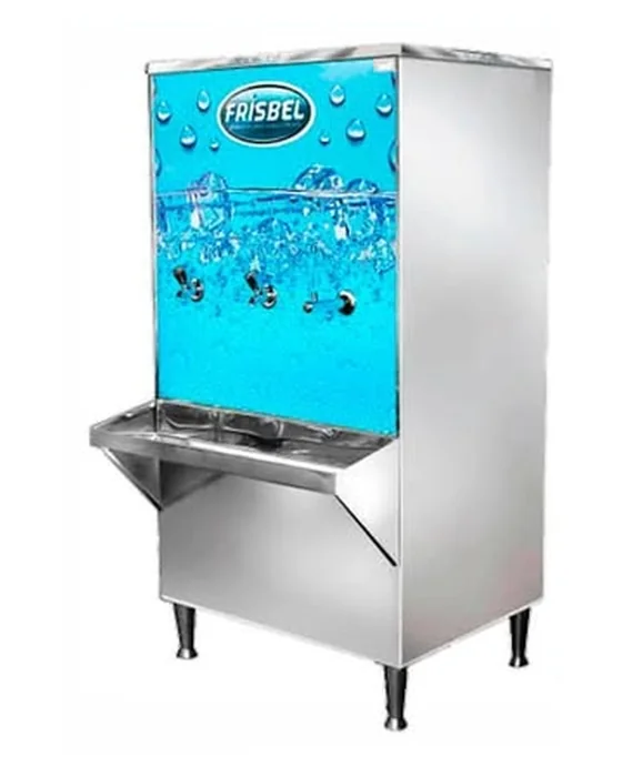 Bebedouro industrial de inox com a frente azul e a marca Frisbel